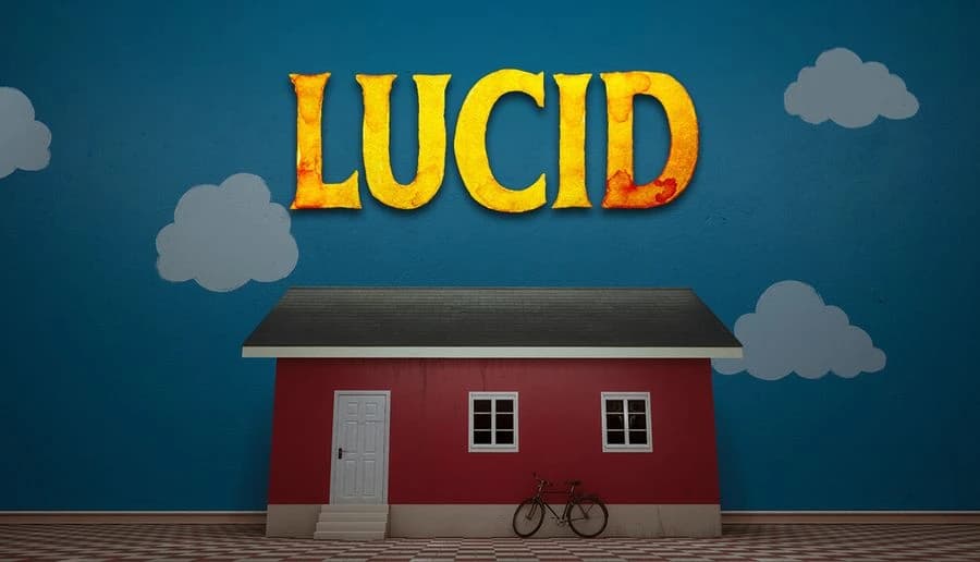 LUCID: Red house with gray roof and white door, bicycle leaning by wall under cloudy night sky backdrop.