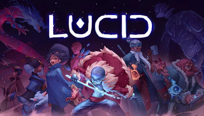 LUCID: Diverse warriors, including a blue-skinned figure with a glowing sword, stand ready in a mystical, shadowy realm.