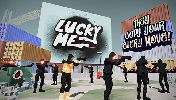 Masked figures in black with glowing red faces mimic a distinct member, aiming their handguns amid shipping containers.