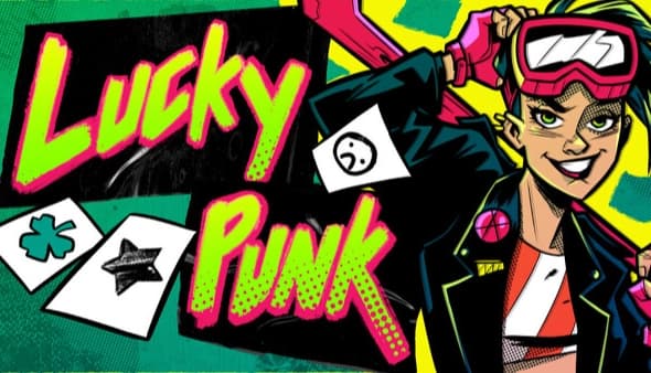 Lucky Punk: grinning young woman in pink goggles beside floating playing cards and graffiti-style title on neon backdrop.
