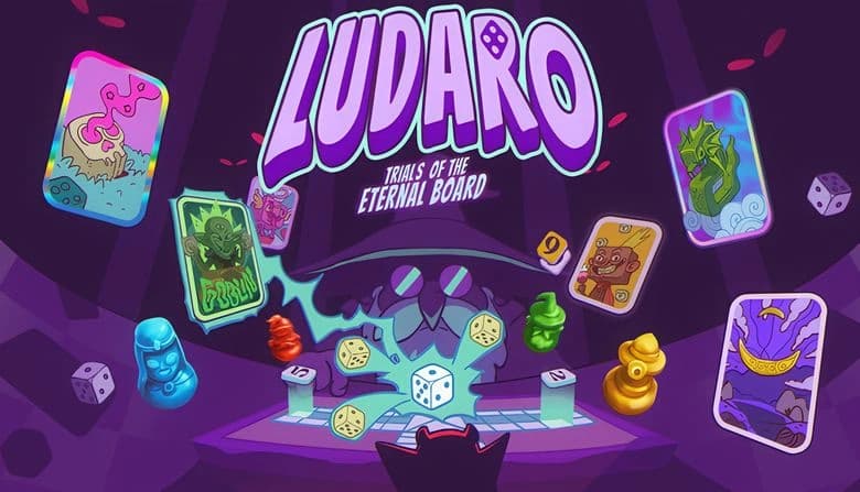 A mystical figure in a wide-brimmed hat oversees a Ludo board with dice, surrounded by colorful spirit cards and game pieces.