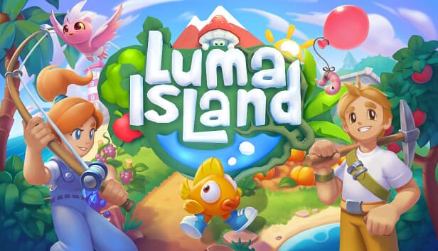 Luma Island: Two cheerful figures with fishing gear and a pickaxe on a vibrant tropical island backdrop, cartoon style.