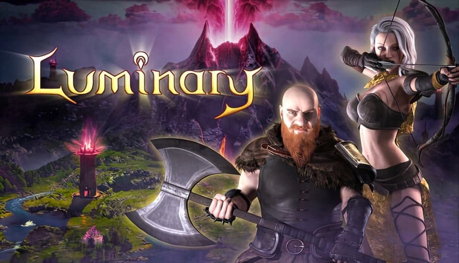 Luminary: Bearded warrior grips a broad axe beside an archer woman aiming a bow, with spired mountains and purple sky.