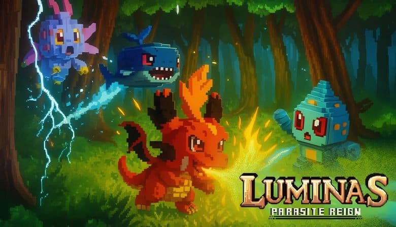 Luminas: Voxel creatures clash in a vibrant forest, red dragon breathes fire, blue whale, axolotl, cube robot among trees.