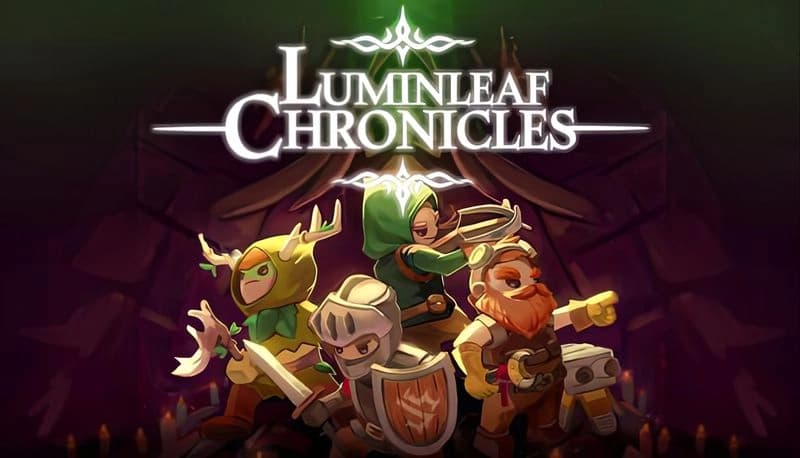 Luminleaf Chronicles: A young knight, archer girl, and dwarf wield weapons in a dimly lit, mystical chamber.