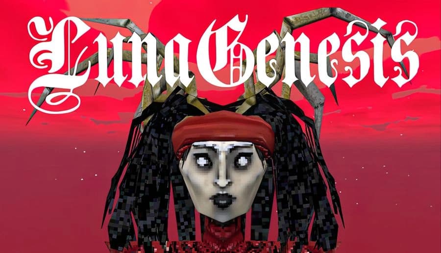 LunaGenesis: Horned masked figure in black suit raises clawed hands against red sky with distant birds and clouds.