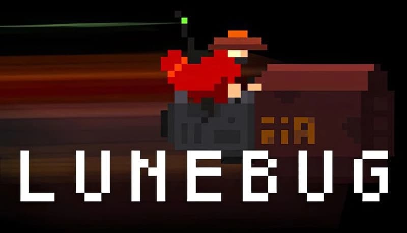 Lunebug: Pixelated character in red coat rides futuristic vehicle in motion, dark backdrop enhances dynamic speed effect.