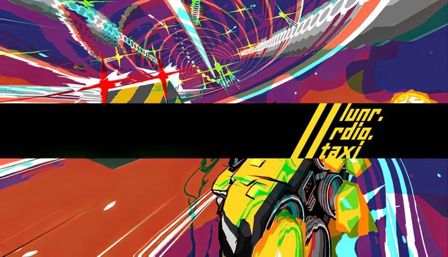 lunr.rdio.taxi: yellow taxi spacecraft racing forward with bright headlights, planets and two flying cars on yellow sky.