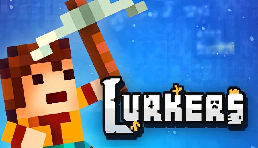 Lurkers: Pixel miner swings pickaxe beside LURKERS title over blue underwater background with bubbles and light rays.