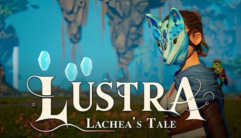 LUSTRA: Young woman in blue attire with ornate mask and frog on shoulder, standing in lush floating island landscape.