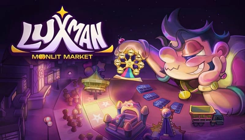 Luxman Moonlit Market: Smiling Uncle Luxman places glowing tiles affectionately, with lit carnival tents and dark skyline.