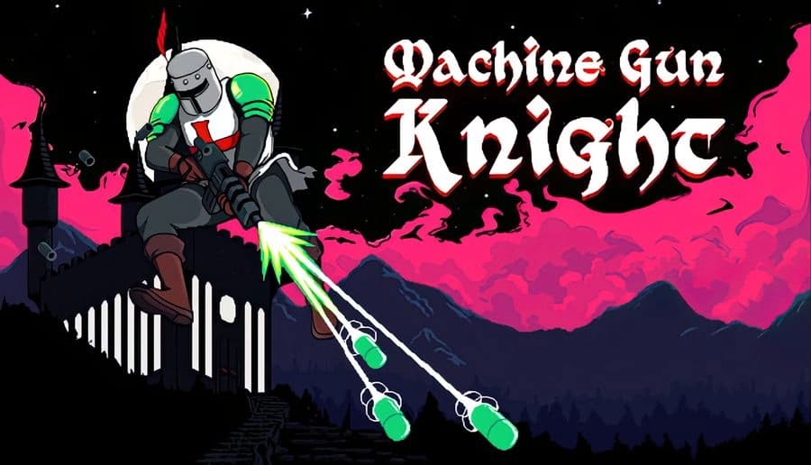 Machine Gun Knight: Armored knight fires a machine gun in space, striking against a pink nebula backdrop amid stars.