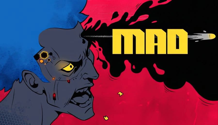 MAD: Blue-skinned bald man screaming in profile, bullet hole in head, against red and black paint-splatter backdrop.