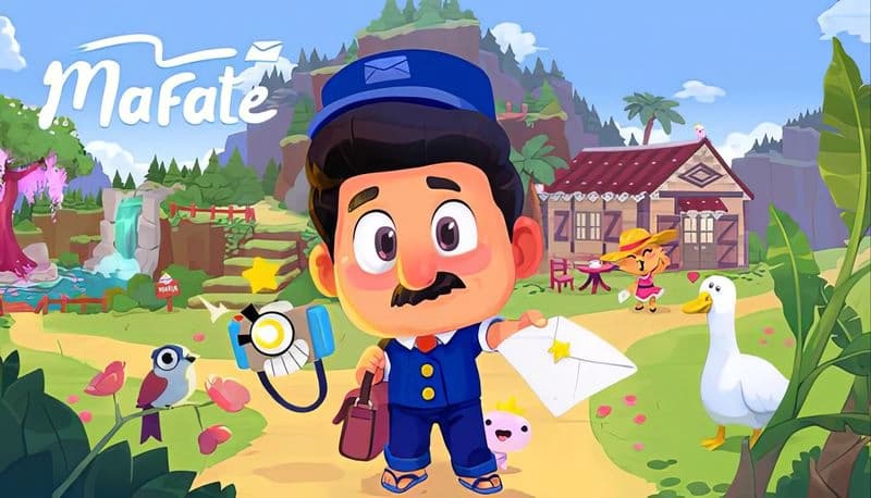 MAFATE: Mailman holding letter in colorful village with woman, duck, and bird surrounded by lush scenery and waterfall.