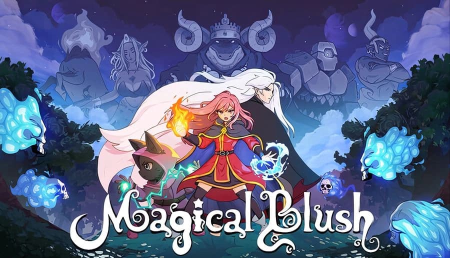 Magical Blush: pink-haired young girl casts fire and ice spells beside wolf mount under stormy sky with mage ally.