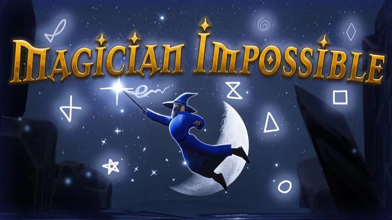 Magician Impossible: Wizard flies under moonlit sky, casting glowing spells surrounded by mystical symbols in dark setting.