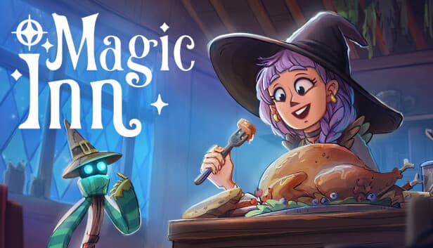 Magic Inn: Cheerful witch with purple hair carves roast turkey; glowing-eyed scarecrow watches in cozy tavern setting.