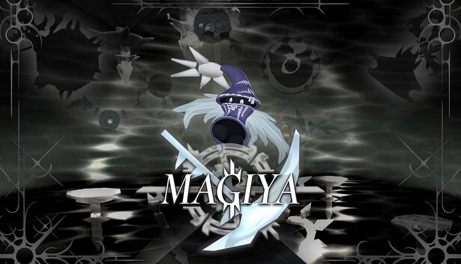 MAGIYA: Crossed silver swords with purple armored gauntlets and a central sigil against a dark smoky backdrop.