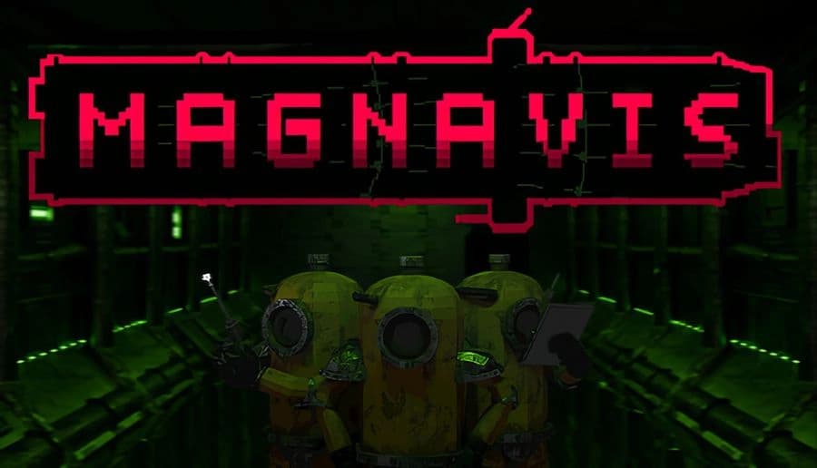 Magnavis: three divers in yellow suits stand by a submarine hatch inside a dark green-lit metal corridor.