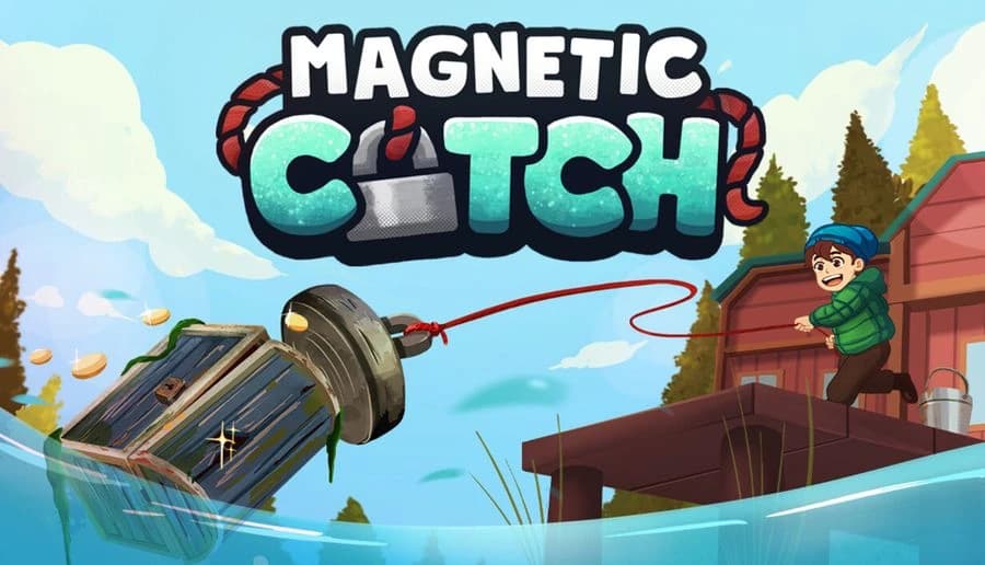 Magnetic Catch: Young man casts a magnet line from a dock, hauling rusty junk from a pond beside a barn shed.