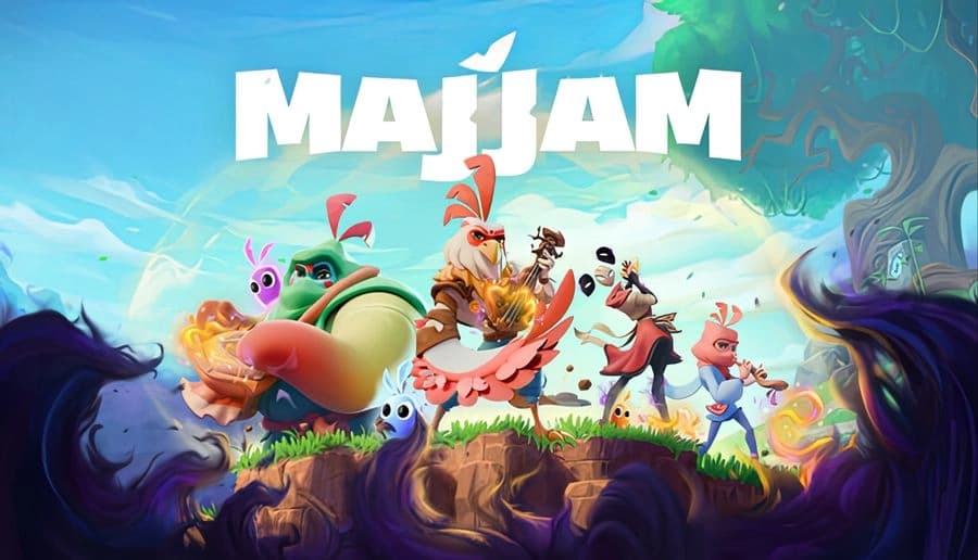 MAJJAM: Three cartoon heroes with instruments battle purple shadows on a cliff edge under a vibrant, sprawling tree.