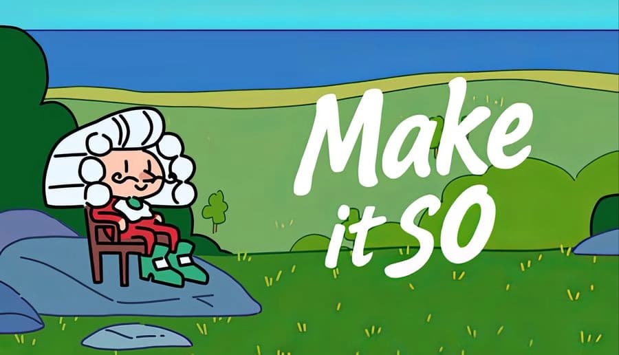 Make it so: White-haired man in judge wig sits on rock as small purple alien serves tea beside giant cat meadow.