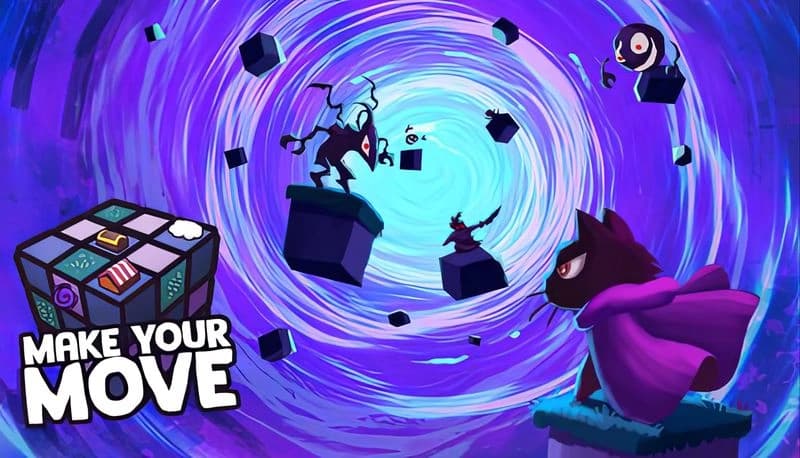 Make your Move: Shadowy figures on floating cubes in a swirling purple vortex, a cat in a purple cape observing the scene.