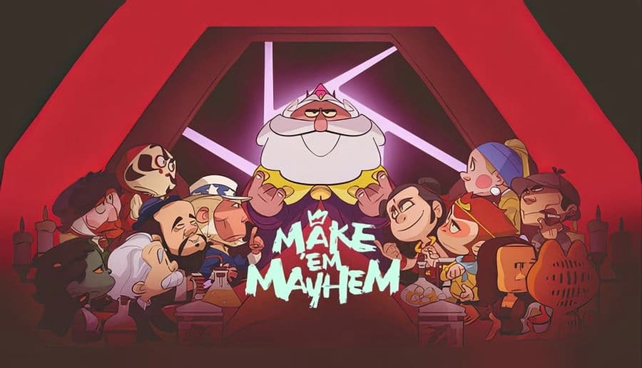 Make'Em Mayhem: Cartoon king with crown and white beard looms over cheering fighters in a red-lit arena hall.