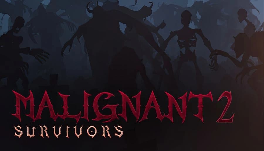 Malignant Survivors 2: Red title over shadowy monsters and zombie silhouettes in dark foggy battlefield backdrop.