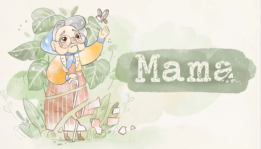 Mama: Elderly woman in blue headscarf holds scissors and cut paper shapes beside large green leaves on pale backdrop.