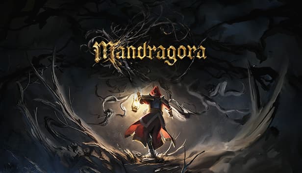 Mandragora: Hooded figure with glowing lantern moves through dark, twisted forest with tangled roots in fantasy art style.