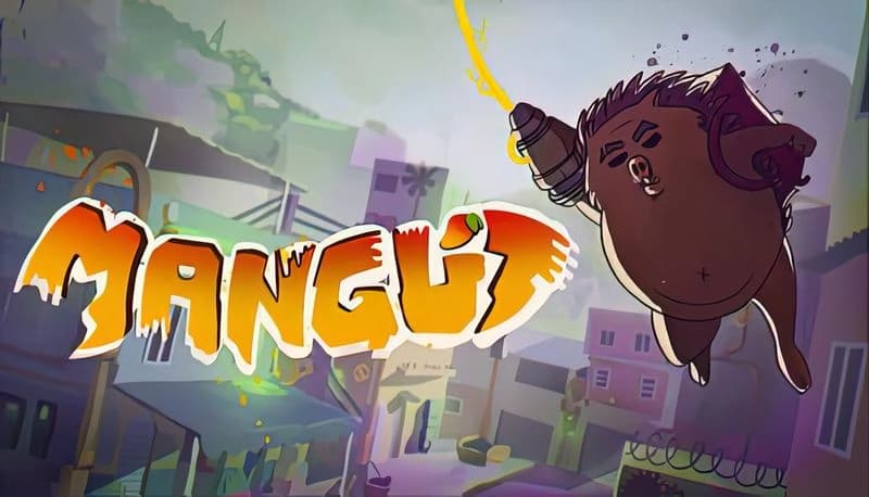 Mangut Demo: Boar with mechanical arm shoots energy blast in colorful urban landscape, dynamic action scene with buildings.