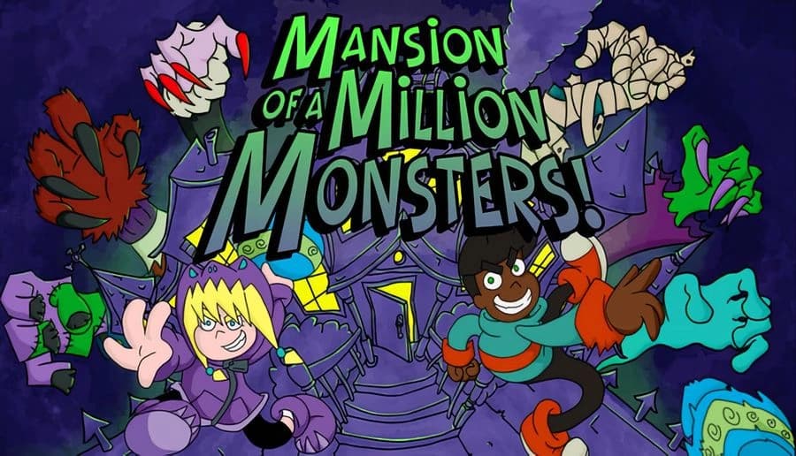 Mansion of a Million Monsters! Demo!: Two cartoon kids in monster suits reach out amidst swirling ghosts and a creepy mansion backdrop.
