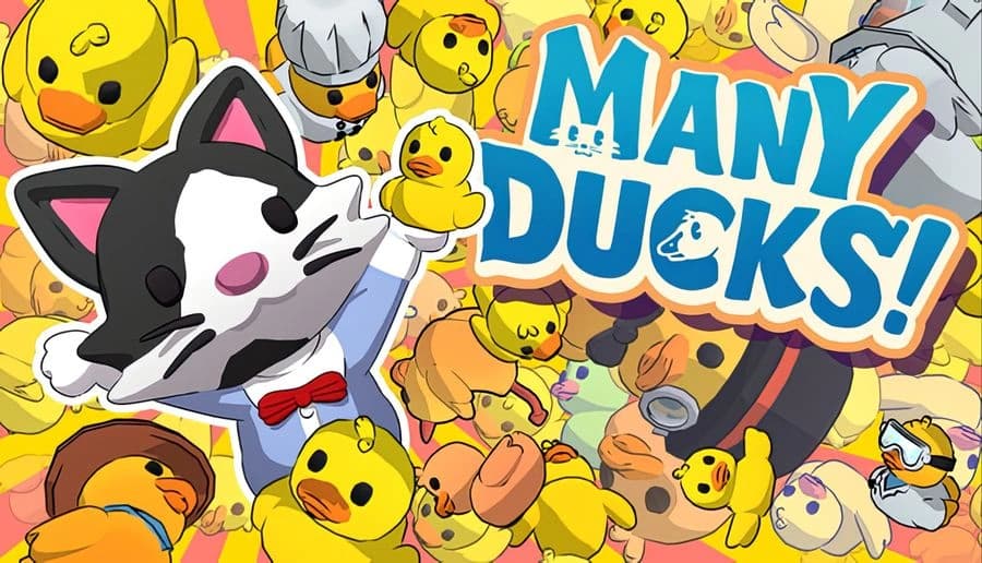 Many Ducks: black and white cat in red bow tie winks and holds a rubber duck, surrounded by many ducks on pink sky.
