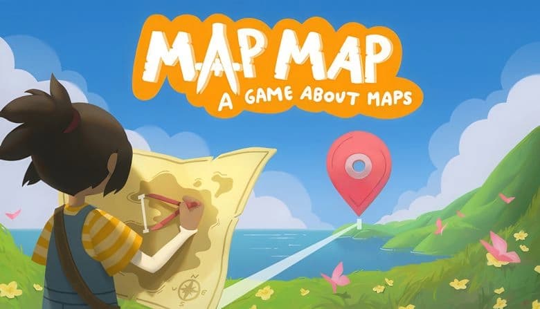 A young girl with brown hair and striped shirt uses a compass on a map. A map marker stands in a lush, mountainous landscape.