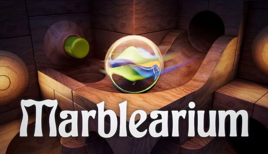 Marblearium: Rainbow glass marble on curved wooden track with green knob, large title text on warm wood backdrop.