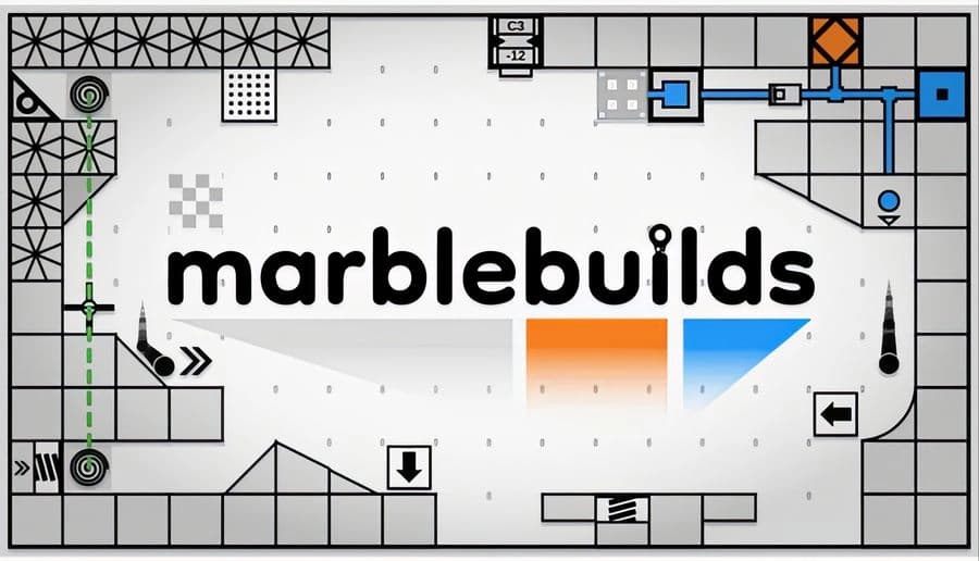 marblebuilds: black marbles rolling through gray grid blocks with arrows and ramps on a clean white blueprint screen.