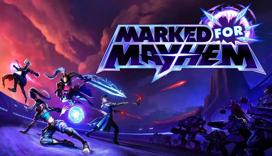 Marked For Mayhem: Four fighters battle with guns, sword, and magic orb on rocky ground under a purple stormy sky.