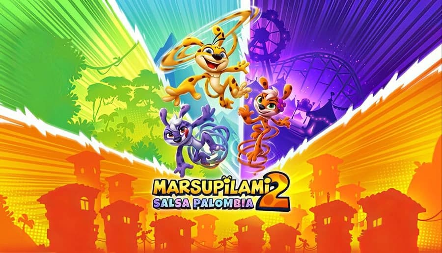 Marsupilami 2: yellow spotted creature leaps with long tail, two companions nearby, on rainbow split-color backdrop.