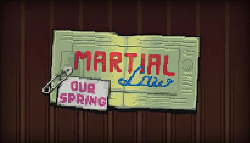 Martial Law: Pixelated passport with "Our Spring" note pinned by safety pin on wooden panel wall in pixel art style.