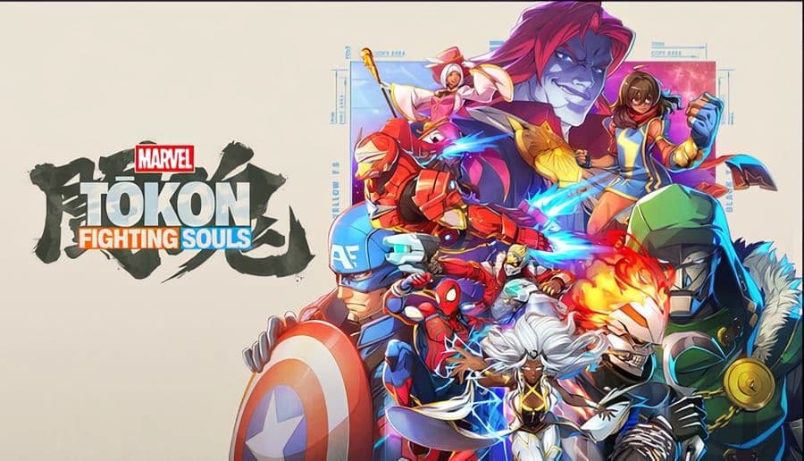 MARVEL Tōkon: Marvel heroes clash in midair punches and energy blasts against villains, beige promo backdrop.