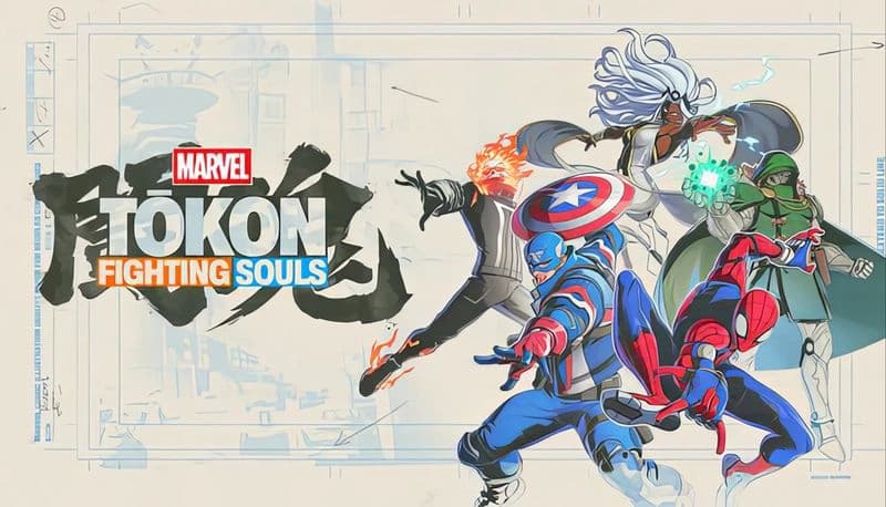 MARVEL Tōkon: Superheroes including Captain America and Spiderman strike dynamic poses against a sketched cityscape backdrop.