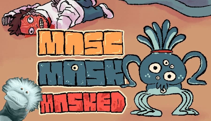 Masc, Mask & Masked: Plush white puppet and red mask face beside a blue three-eyed rabbit on tan backdrop.