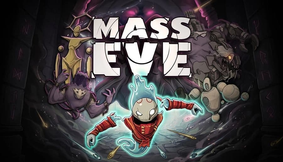 MassEve: Glowing teal astronaut with red sleeves flies forward, dodging asteroids and reaching hands in space tunnel.