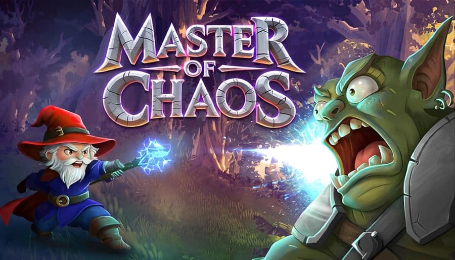 Master of Chaos: Bearded wizard in red hat casts lightning at screaming green ogre head in dark forest clearing.