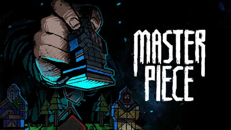 A hand holds a block-style knight game piece above a forest, with other game piece characters nearby.