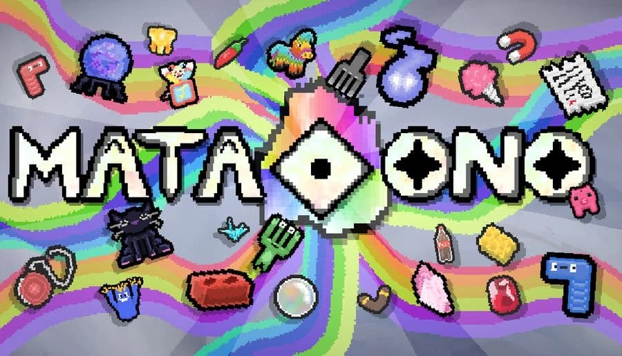 MataOno: Colorful dice with icons and items swirl around large title letters on a gray background with rainbow streaks.