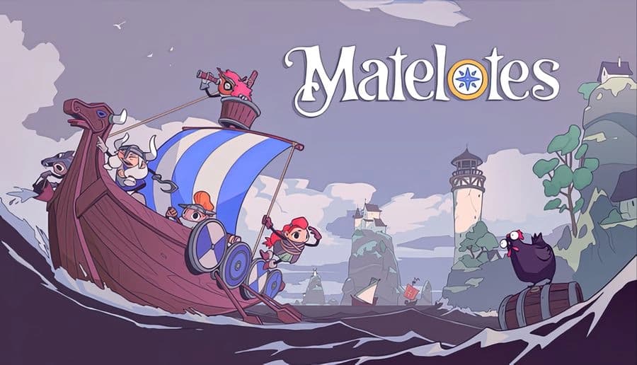 Matelotes: three sailors steer a wooden sailboat through waves toward a lighthouse and cliffside village at dusk.