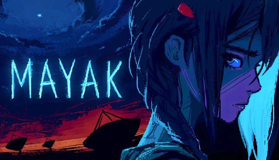 Mayak: Close-up of young woman in profile, blue-lit face, against starry sky and red horizon silhouettes.