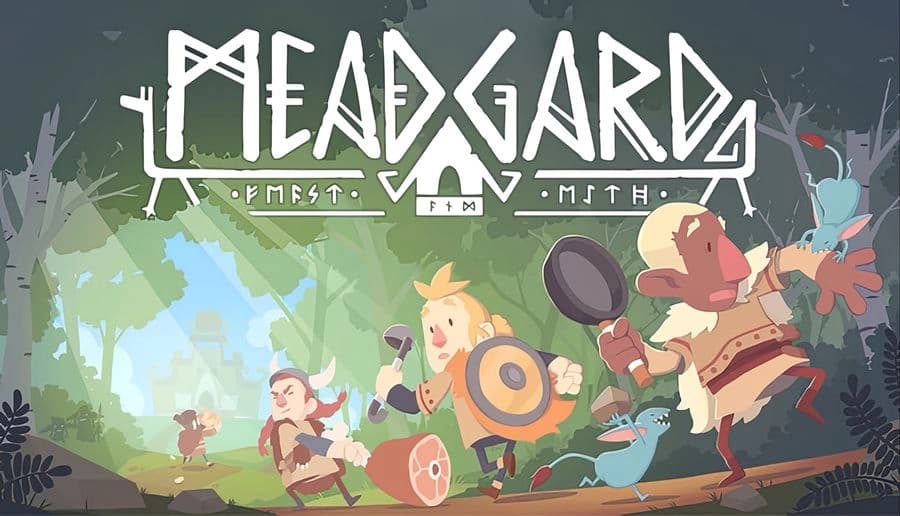 Meadgard: Three Viking men run through a forest, holding pan, axe, and shield, while a boar charges nearby.
